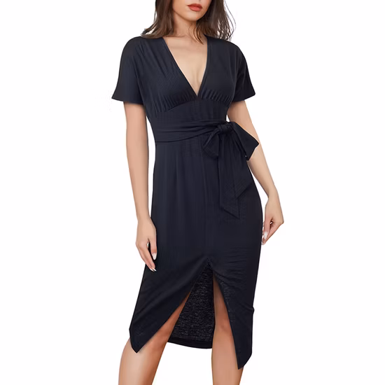 Short Sleeve Crew Neck Lady Dress with Exquisite Cut